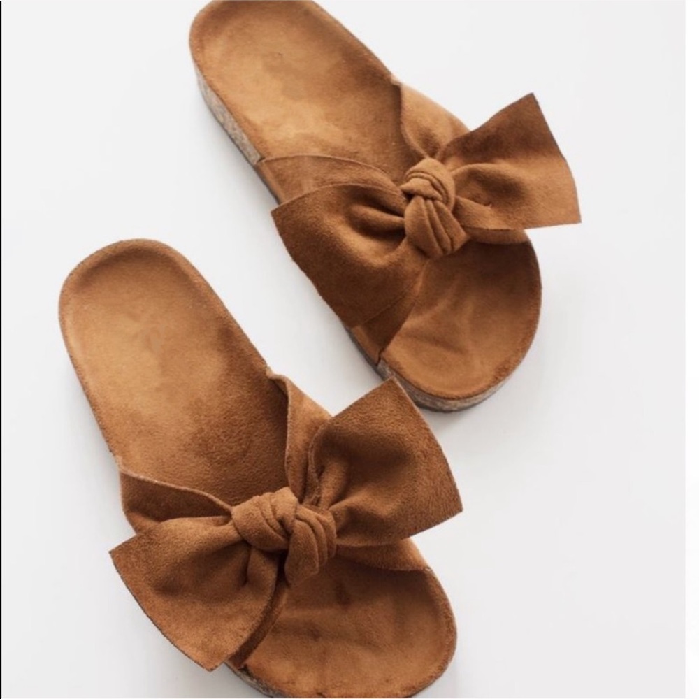 Tan Bow Knot Cork Slides Sandals - Picture 3 of 5
